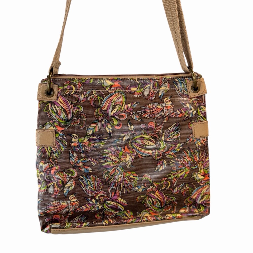 Sakroots Crossbody Bag Brown Multicolor Bird Print Boho Zip Adjustable Strap - Picture 3 of 5